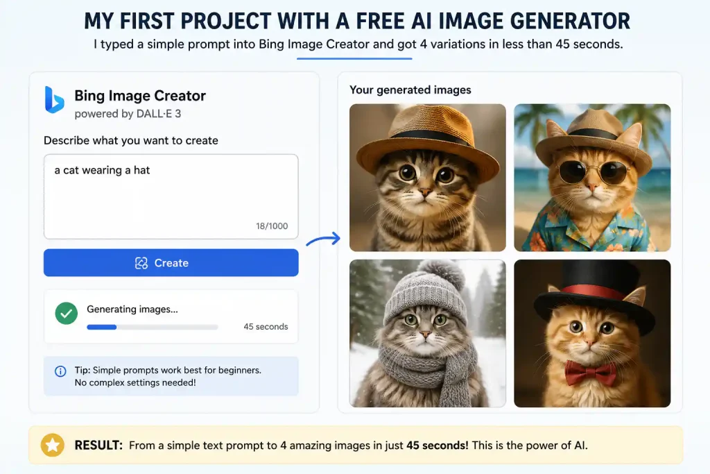 Best free AI tools for beginners – first project example using a free AI image generator showing prompt ‘a cat wearing a hat’ and the generated image