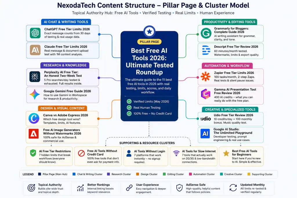 Diagram showing the pillar page and cluster content structure for NexodaTech – Best Free AI Tools 2026 links to supporting articles on ChatGPT limits, Claude limits, Perplexity test, Canva comparisons, and more