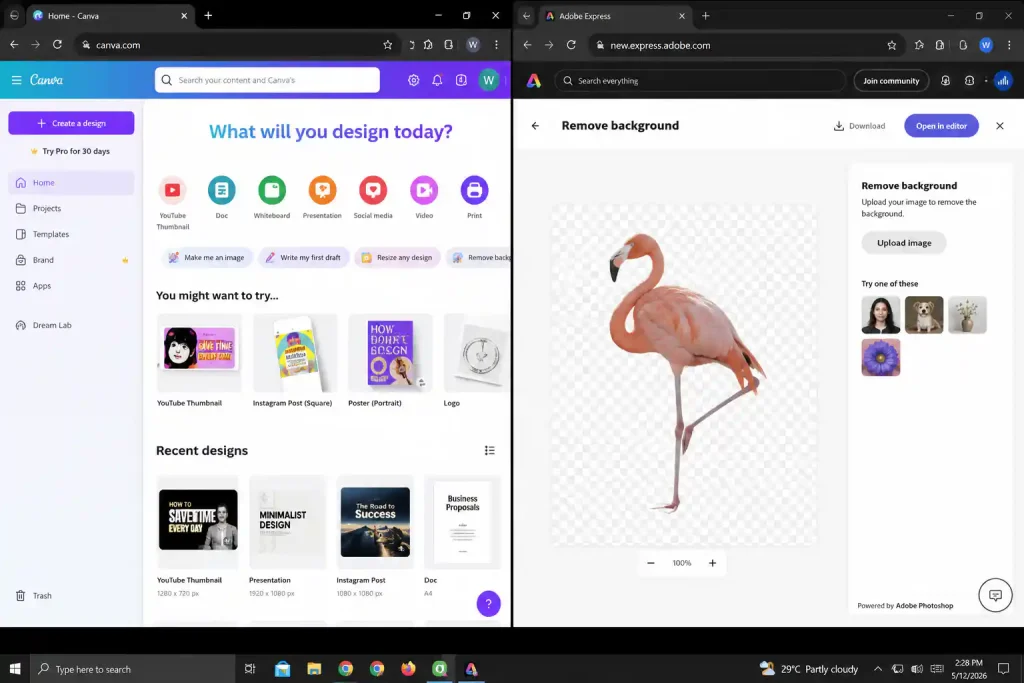 Canva vs Adobe Express free interface side‑by‑side – Canva showing template library and Adobe Express showing background remover tool with transparent PNG output