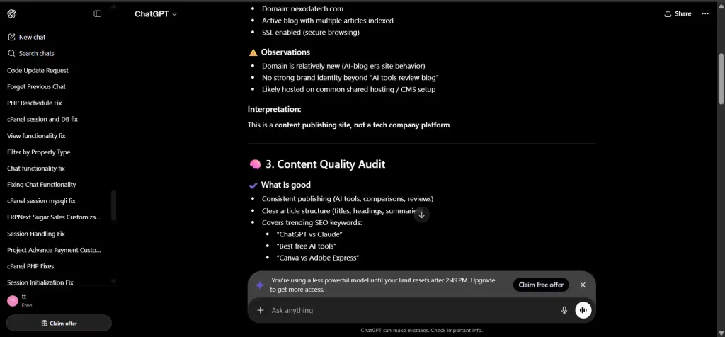 ChatGPT free tier showing 'You've reached the current usage cap' message and a slower fallback model activating