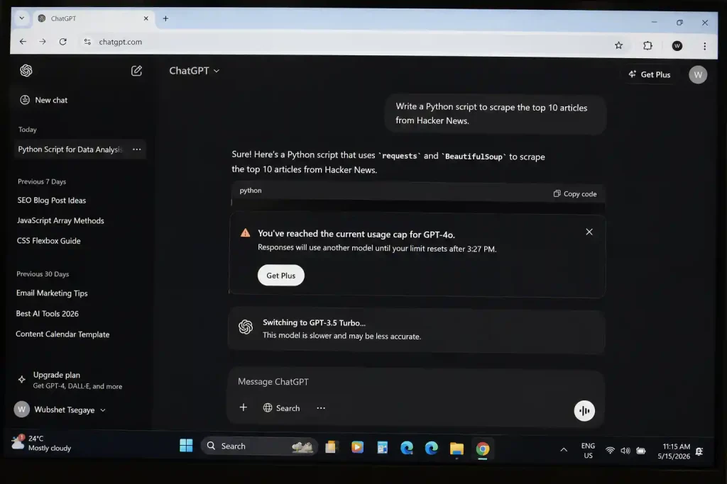 ChatGPT free tier showing 'You've reached the current usage cap' message and a slower fallback model activating