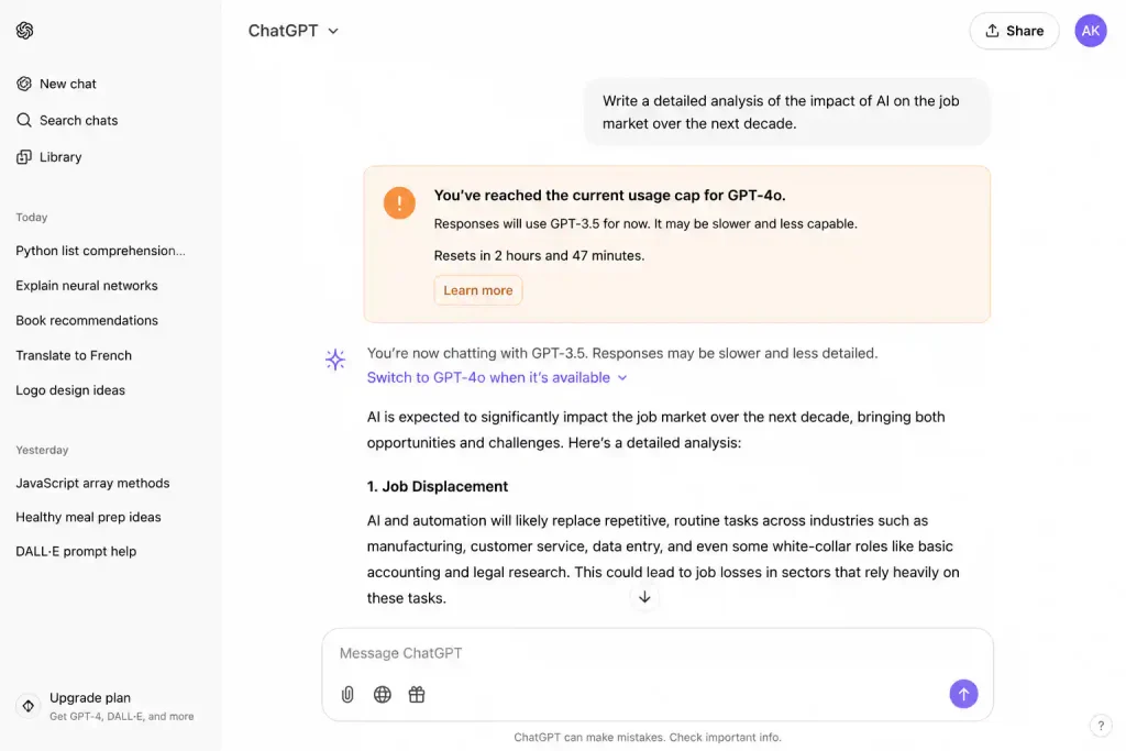 ChatGPT free tier showing 'You've reached the current usage cap' and automatically switching to a slower fallback model