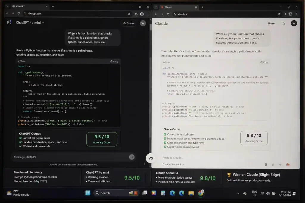 ChatGPT vs Claude coding benchmark – side‑by‑side comparison of a Python script generated from the same prompt, with accuracy scores