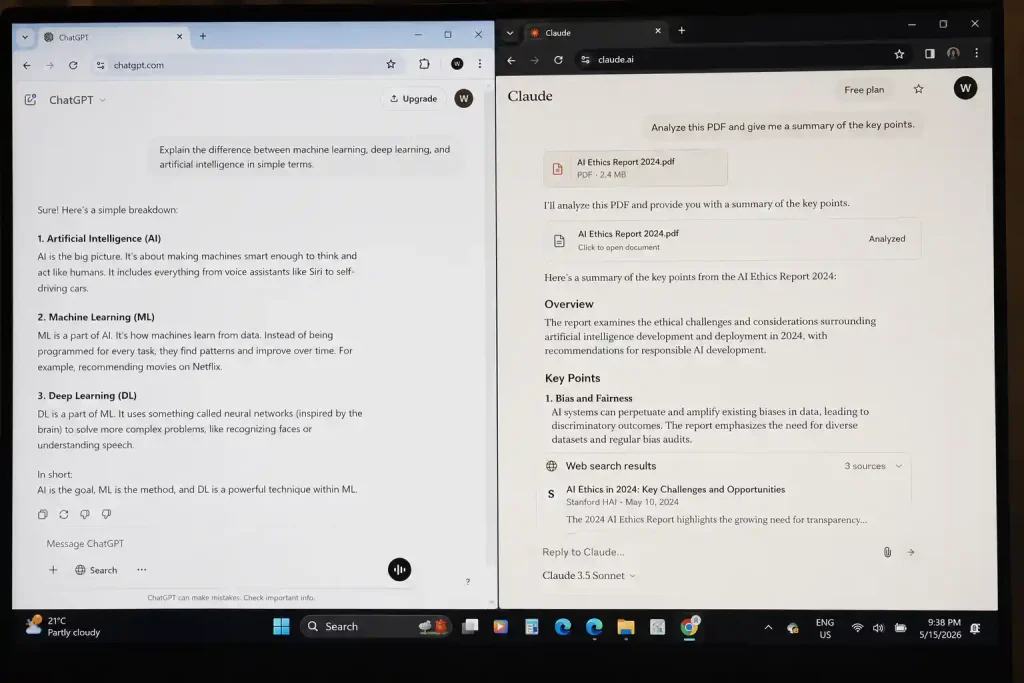 ChatGPT vs Claude free interface side‑by‑side – ChatGPT showing a conversation and Claude showing a PDF upload with web search result visible