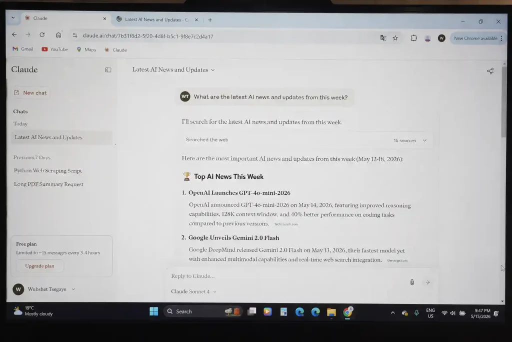 Claude.ai free tier performing a web search for the latest AI news – search results visible in the chat interface