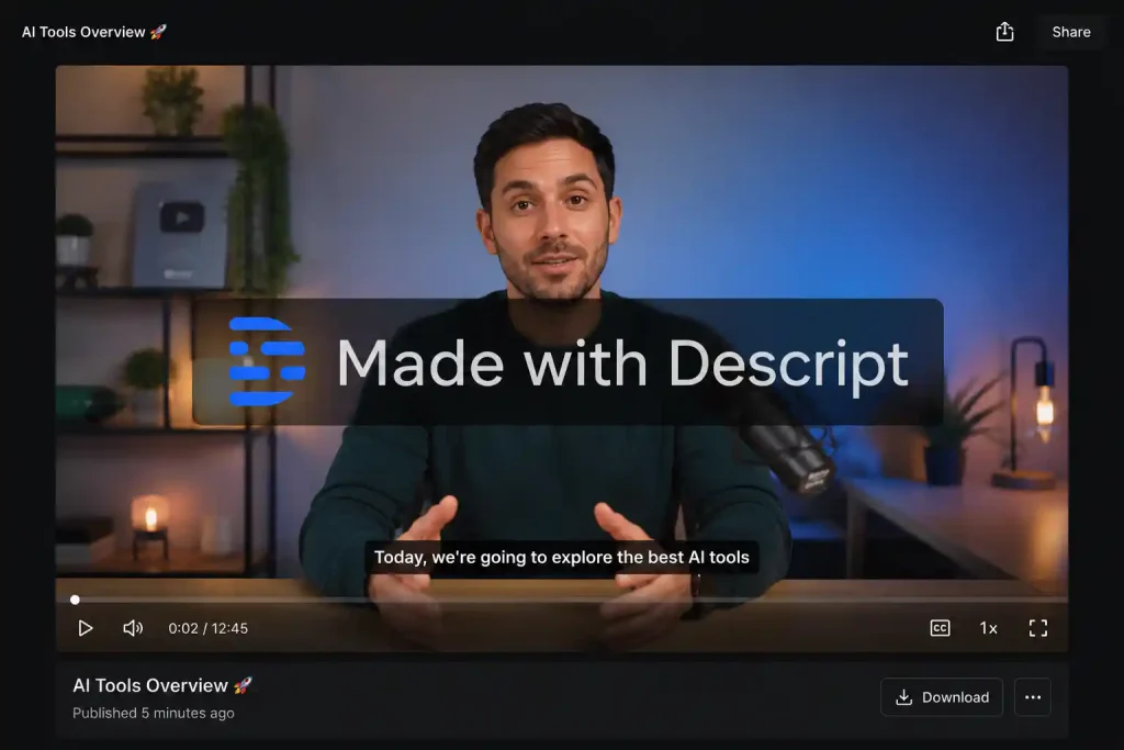 Descript exported video with a large 'Made with Descript' watermark across the center, showing why the free tier is not for public use