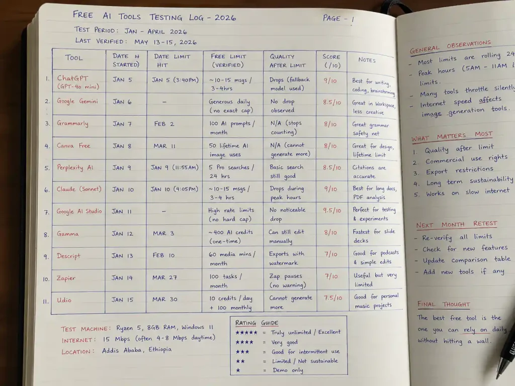 Photograph of a handwritten notebook page containing testing notes and scores for each free AI tool, demonstrating real human work behind the best free AI tools 2026