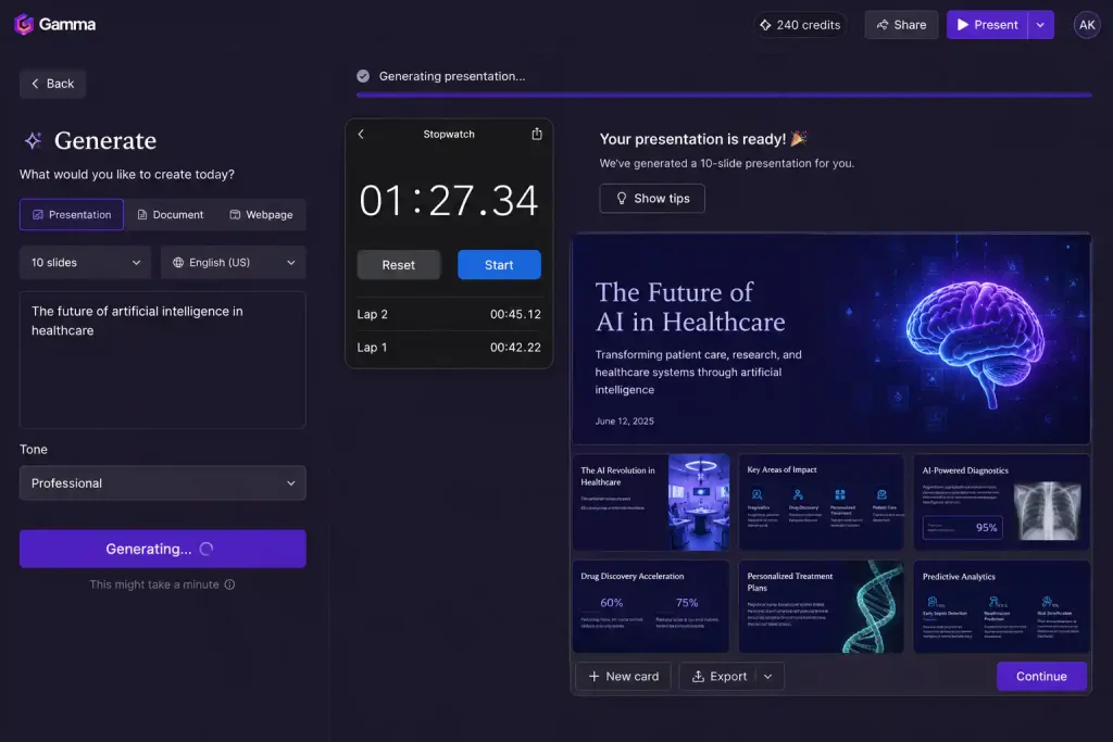 Stopwatch showing 87 seconds to generate a 10‑slide presentation in Gamma AI, with the finished deck previewed