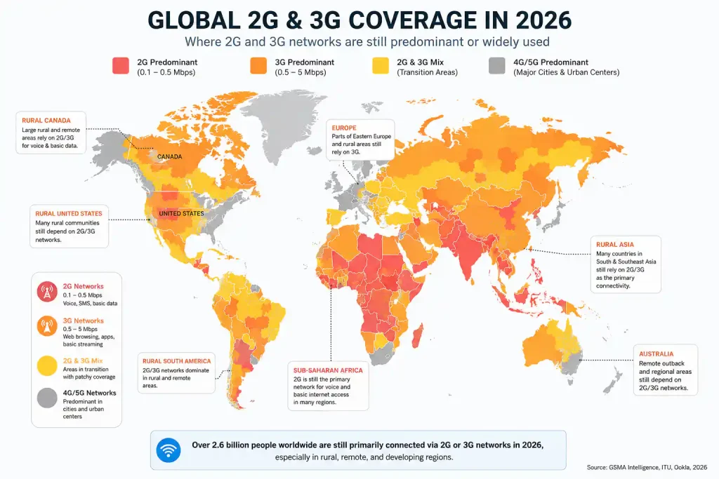AI tools for slow internet – world map highlighting regions where 2G and 3G networks are still predominant in 2026, including rural areas of the US, Canada, Australia, and Europe