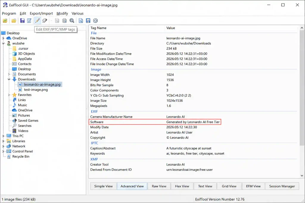 EXIF viewer screenshot showing Leonardo AI metadata embedded in a free-tier generated image — 'Generated by Leonardo AI Free Tier' visible in the software field