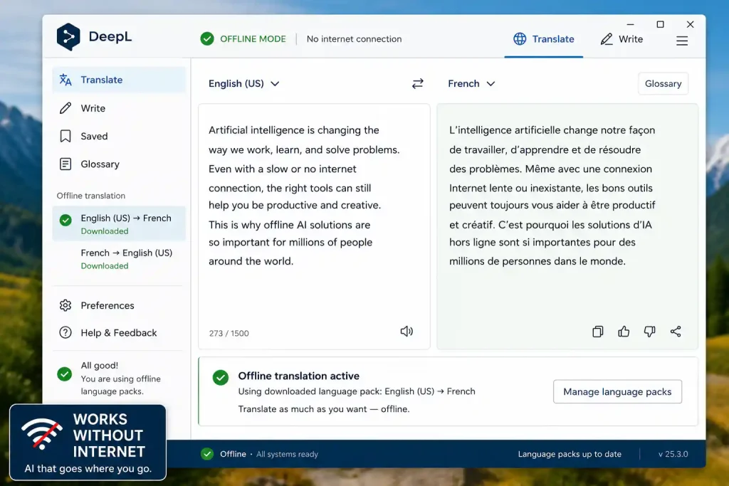 AI tools for slow internet – DeepL desktop app showing offline translation of a French paragraph with no internet connection