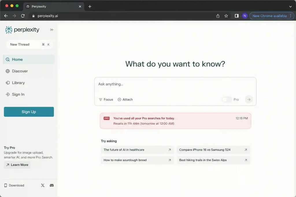 Perplexity AI showing 'You've used all your Pro searches for today' message at 12:15 PM after intensive research