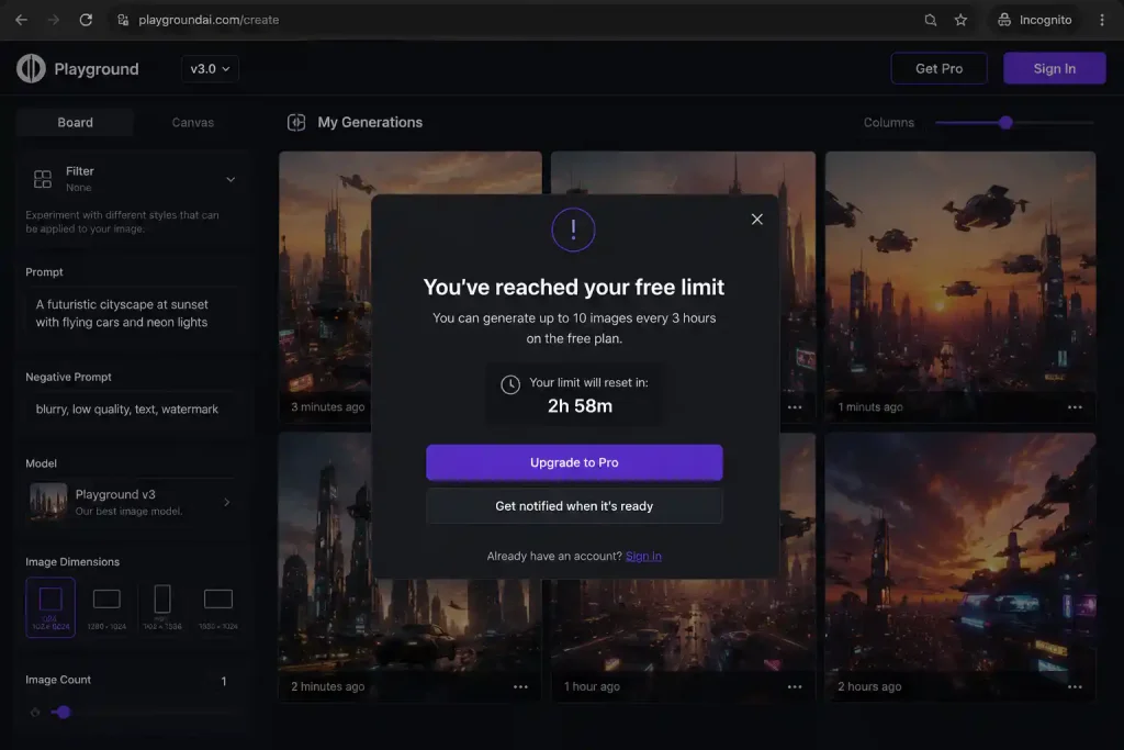 AI tools without login – Playground AI guest mode showing '10 images every 3 hours limit reached' notification