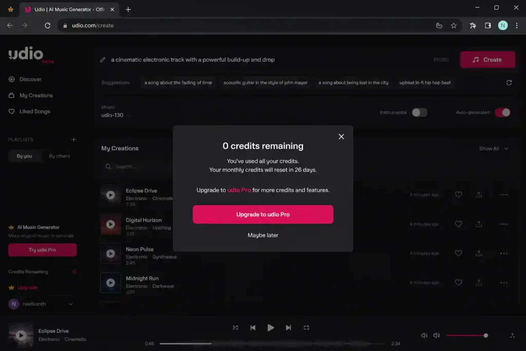 Udio interface with a pop‑up showing '0 credits remaining' after only 5 minutes of remixing experiments