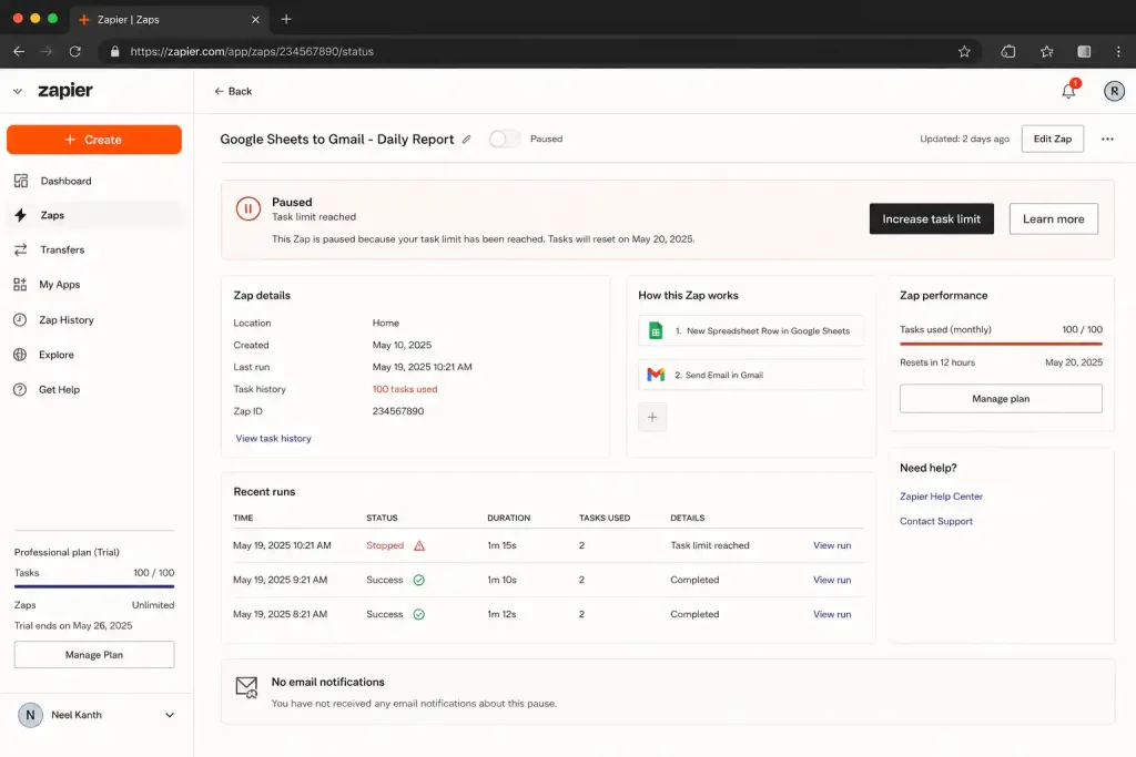 Zapier dashboard showing a paused Zap with 'Task limit reached' status, with no prior email notification received