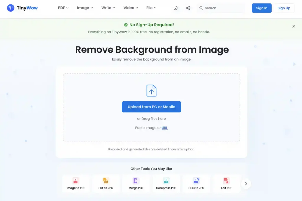 AI tools without login – TinyWow landing page showing the background remover tool ready to use with no sign‑up required banner