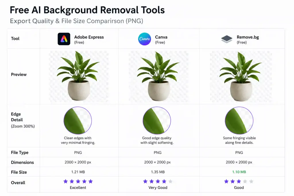 Free AI background removal tools – export quality and file size comparison of PNG exports from Adobe Express, Canva, and Remove.bg