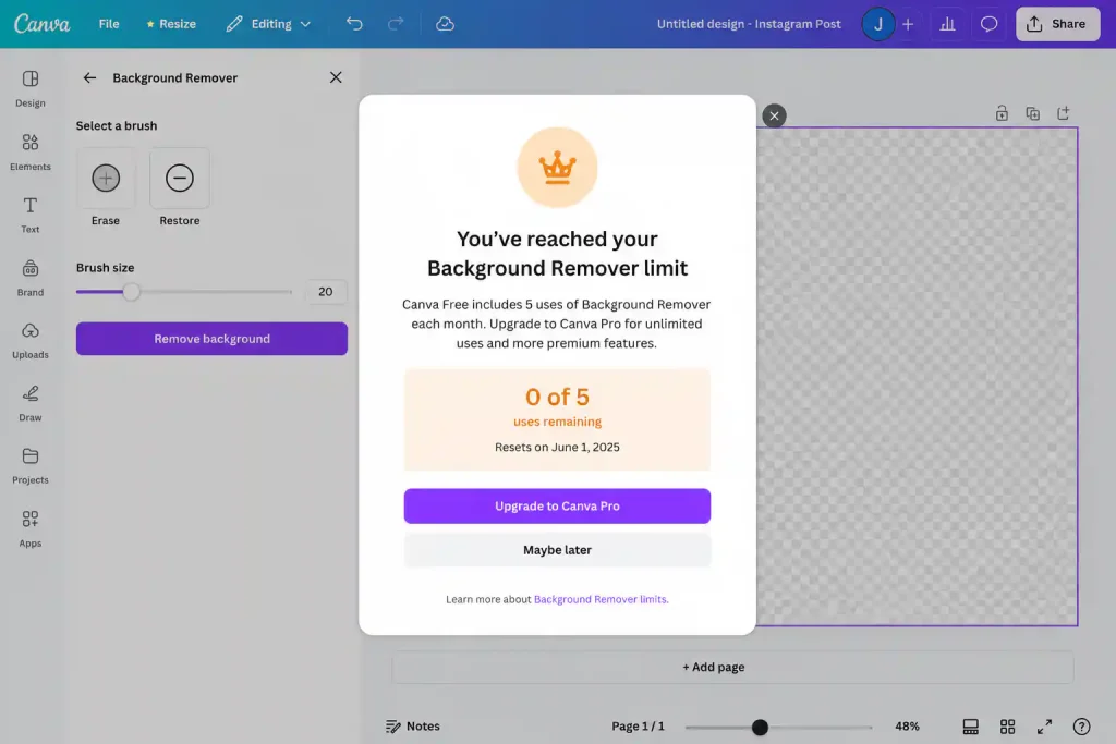 Canva free background remover limit warning showing 0 of 5 monthly uses remaining