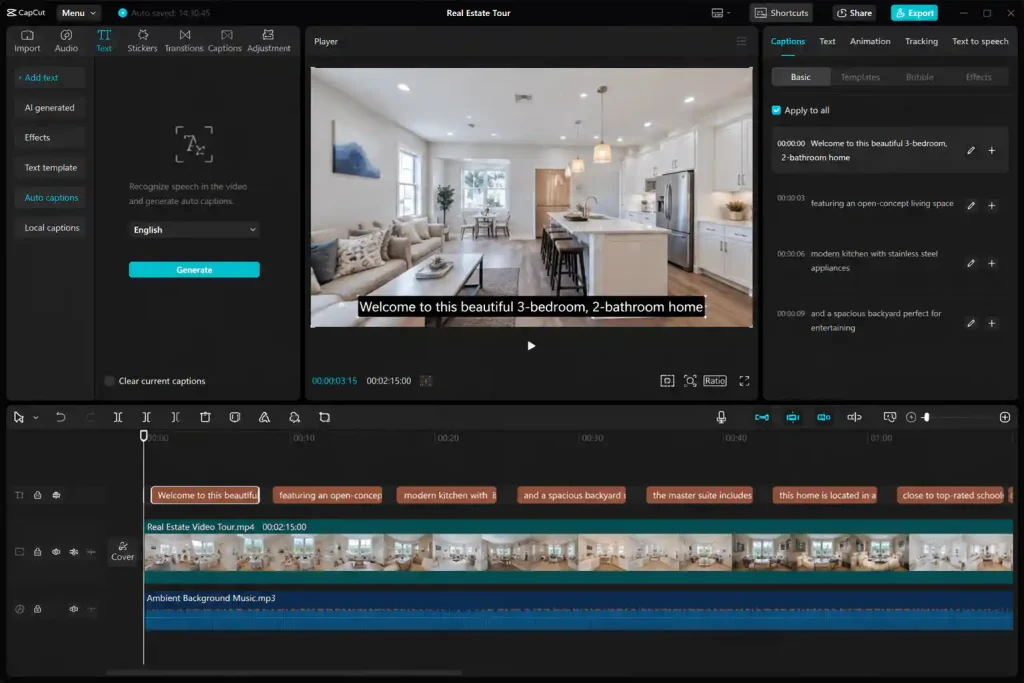 CapCut free tier editing a real estate property video tour with auto-captions, 1080p export settings, timeline editor, and no watermark