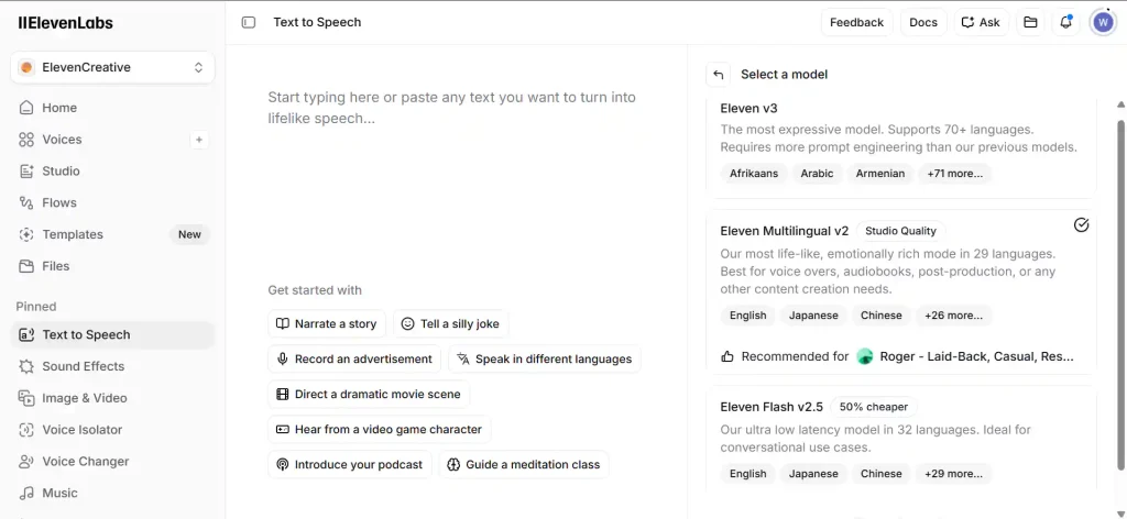 ElevenLabs model selector dropdown showing Flash v2.5, Flash v2, and Multilingual V2 options — Flash shows 0.5 credits per character while Multilingual V2 shows 1 credit per character