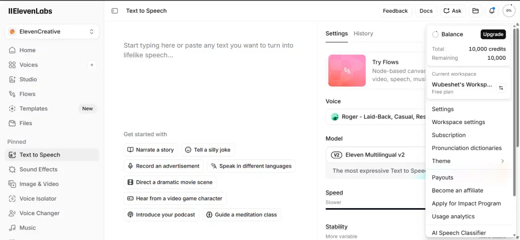 ElevenLabs free account dashboard showing 10,000 monthly credits remaining — the credit counter is visible in the top right corner of the interface