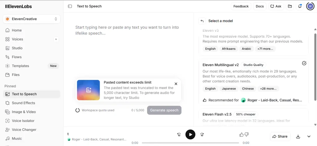 ElevenLabs interface showing generation stopped mid-sentence after the 15 percent credit warning was ignored