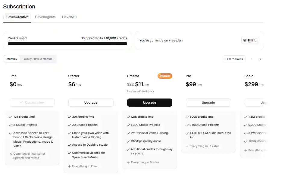 ElevenLabs pricing page showing Free, Starter, Creator, Pro, Scale, and Business plans side by side with their credit allotments and features
