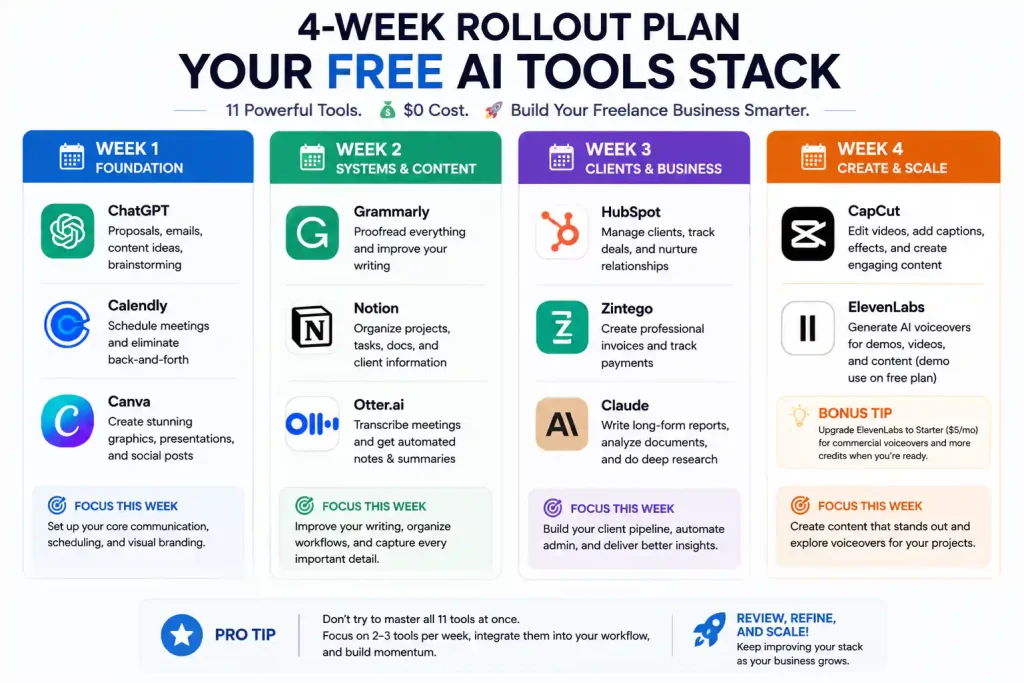 Visual grid showing the recommended 4-week rollout plan for freelance AI tools — Week 1: ChatGPT, Calendly, Canva; Week 2: Grammarly, Notion, Otter.ai; Week 3: HubSpot, Zintego, Claude; Week 4: CapCut and ElevenLabs, with each week grouped by setup priorities and workflow goals