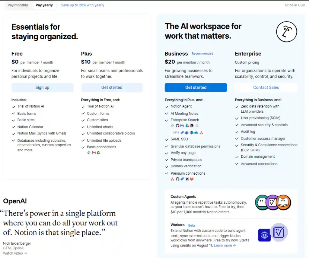 Notion pricing page showing Free at $0, Plus at $10/month, Business at $20/month, and Enterprise at custom pricing — AI features only included in Business and Enterprise
