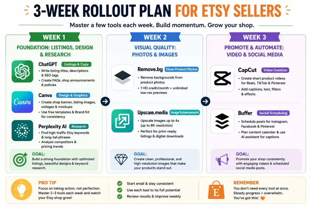 Visual roadmap showing a recommended three-week rollout plan for Etsy sellers using free AI tools. Week 1 focuses on ChatGPT for listings, Canva for design, and Perplexity AI for keyword research. Week 2 introduces Remove.bg for product photos and Upscale.media for image enhancement. Week 3 adds CapCut for product videos and Buffer for social media scheduling