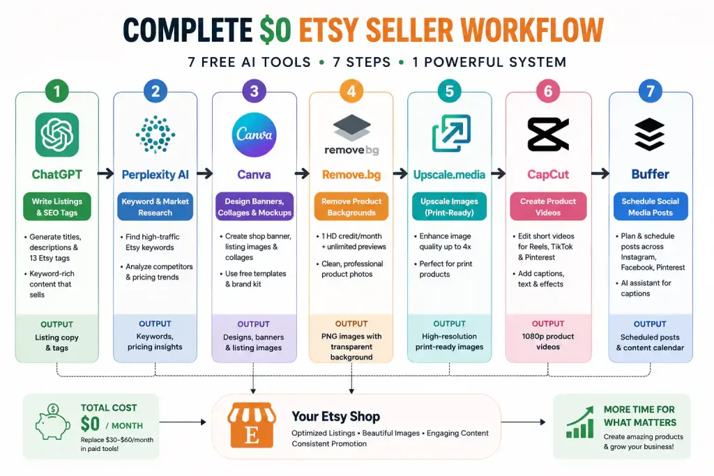 Flowchart showing a complete $0 Etsy seller workflow using seven free AI tools: ChatGPT for listing descriptions and SEO tags, Perplexity AI for keyword and market research, Canva for banners and product images, Remove.bg for background removal, Upscale.media for image enhancement, CapCut for product videos, and Buffer for social media scheduling, all connected in a step-by-step pipeline leading to a successful Etsy shop.
