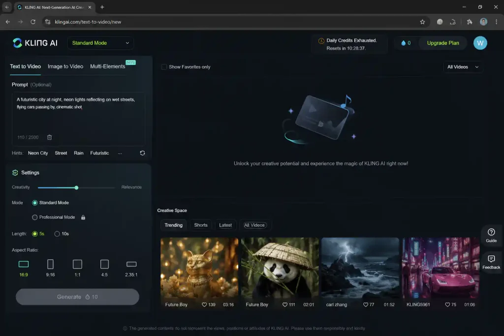 Kling AI interface showing 'Generate' button greyed out with a message that daily credits are exhausted — no prior warning was given