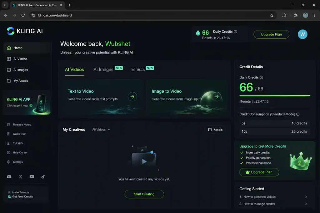 Kling AI free account dashboard showing 66 daily credits remaining and credit consumption for 5‑second and 10‑second videos