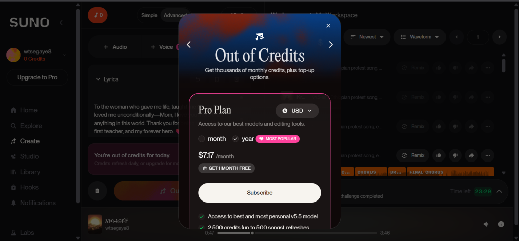 Suno AI interface showing greyed-out Generate button after 50 credits were used — no prior warning