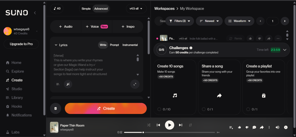 Suno AI free account dashboard showing 50 daily credits and the cost of a standard song generation